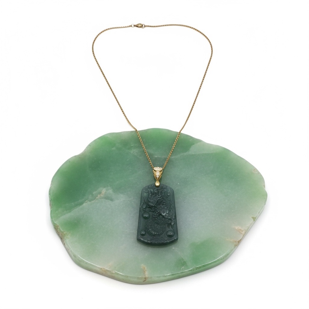 Jade Dragon Necklace, Green Jade Pendant on Gold-tone Chain